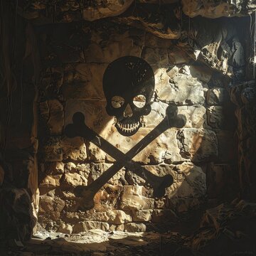 Pirate Skull and Crossbones Symbol on Ancient Stone Wall.