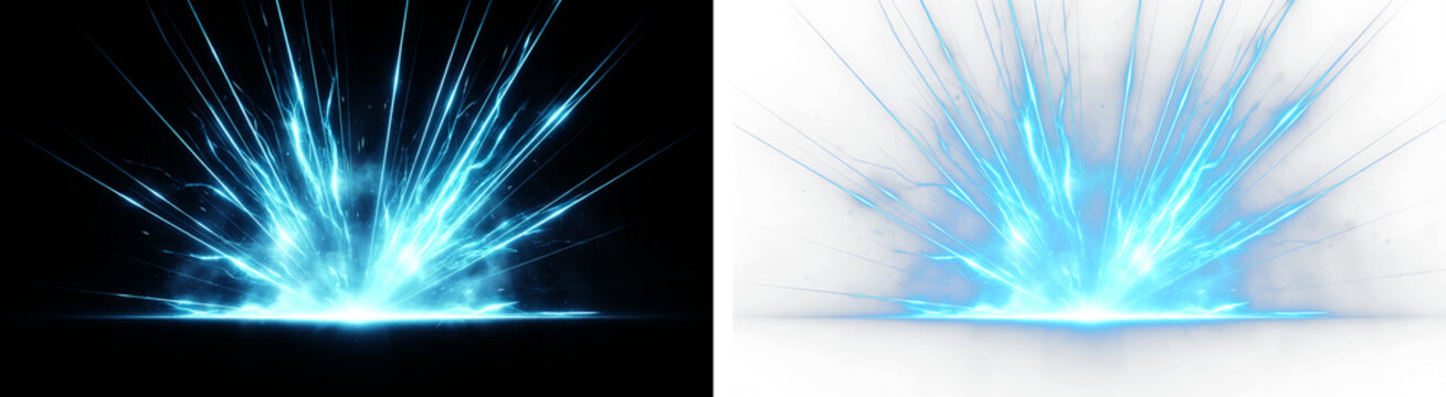 Powerful blue lightning energy explosion effect with bright electric plasma beams and glowing magical light rays, isolated on a transparent background, high quality PNG cutout graphic design elements.