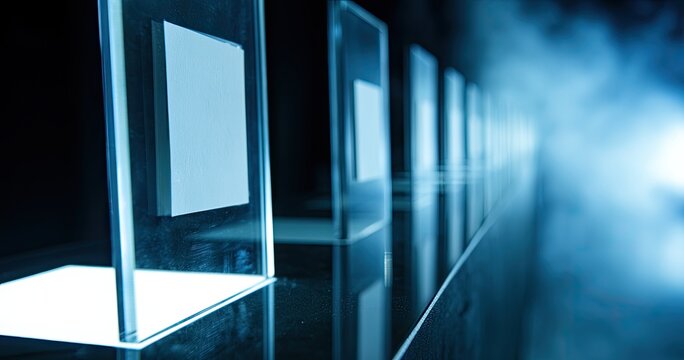 Illuminated rectangular panels in a dark, misty corridor, receding into light