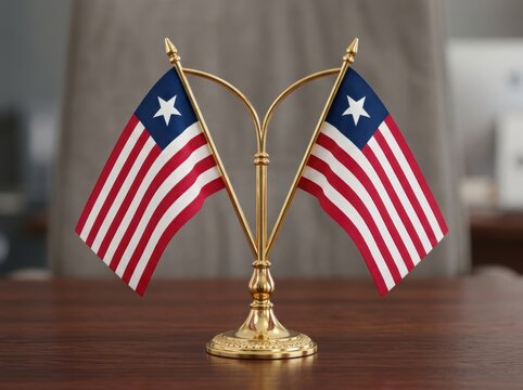 Two small liberia national flags displayed on a gold desk stand for diplomatic meetings or official government office decoration