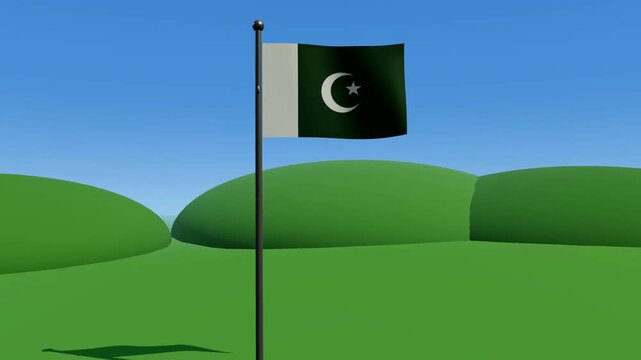 Pakistan National Flag Waving Over Green Landscape Under Blue Sky