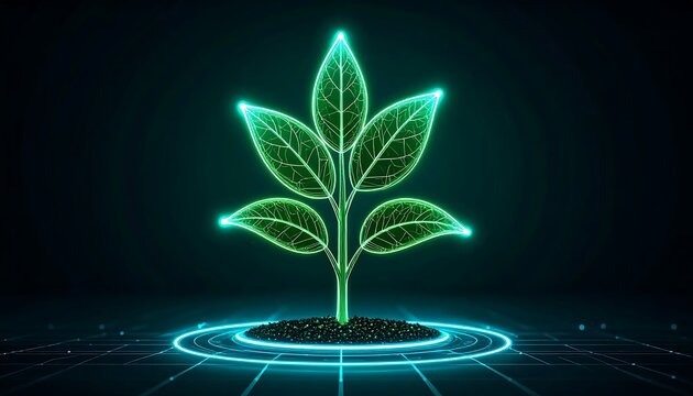 Glowing cannabis plant in dark environment with blue light.