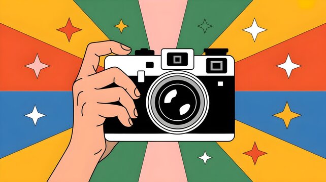 Hand holding retro film camera with colorful background