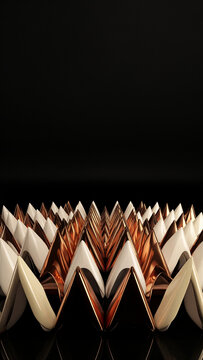 Stiletto heel tips front view zig zag pattern. Copper metal cream acrylic materials. Black reflection background. Fashion CGI rendering. Arts design structures. Footwear industry backgrounds concepts.