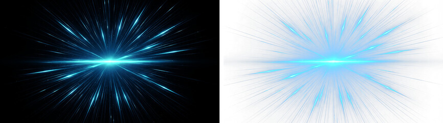 Glowing blue lens flare hyperspace light beam effect with burst rays and bright cosmic energy explosion isolated on transparent background for sci-fi overlay design, cutout PNG asset graphic elements. © riponhossain
