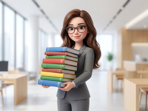 A friendly 3d cartoon business woman holding a large stack of colorful books in a bright modern office workspace