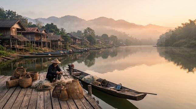 Riverside villager mending fishing nets on wooden dock beside longboat at misty mountain river village during golden sunrise, traditional rural livelihood
