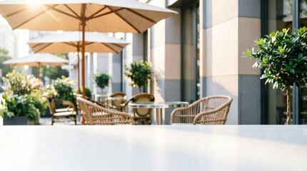Fototapeta premium Outdoor Café Seating with Umbrellas and Greenery for Lifestyle Design