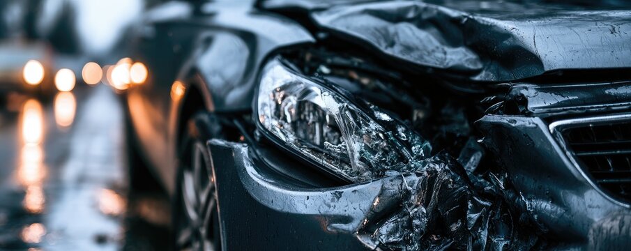 Close up of a heavily damaged car headlight and front end