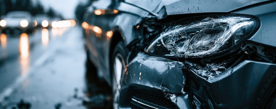 Close-up of a damaged car headlight on a wet road with blurred traffic lights