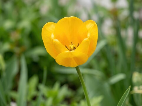 Bright yellow tulip flower blooming in a green garden during spring