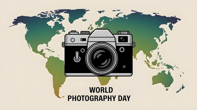 Camera icon with world map background for photography day