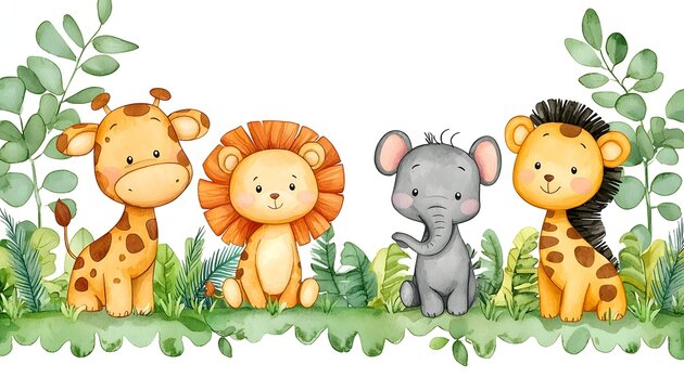 Watercolor animal border on safari zoo.