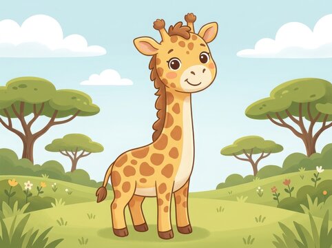 Cute baby giraffe standing in a beautiful green african savanna landscape with trees and clouds