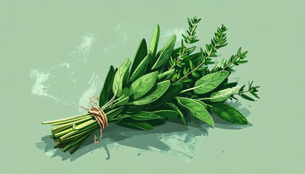 Fresh bundle of aromatic herbs on light background.