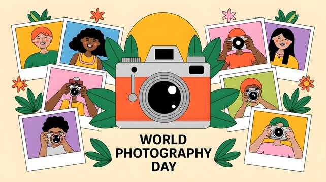 Illustrated kids celebrating world photography day with cameras