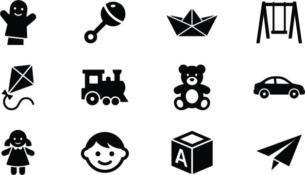 Baby toys and childhood vector black silhouette icons set featuring teddy bear train kite block doll plus playground symbols