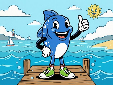 Happy blue fish cartoon character standing on a wooden pier giving a thumbs up with a sunny ocean beach background