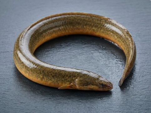 A single raw eel fish shaped like a circle resting on a dark surface