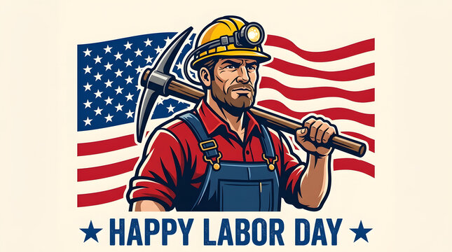 Labor Day miner with American flag. Industrial worker holding pickaxe for holiday greeting.
