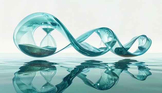 Glass hourglass twisted into infinity shape on water.