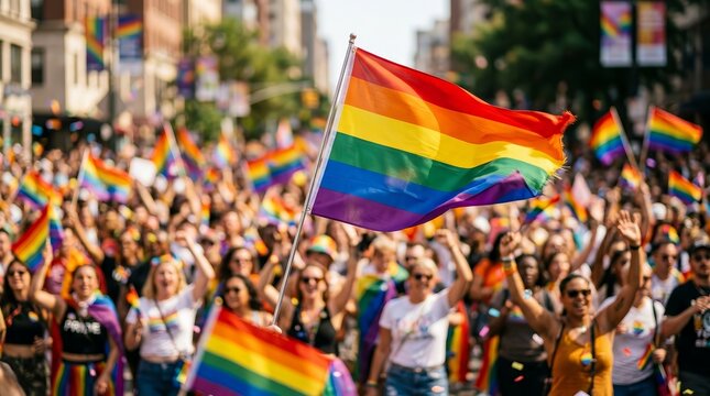 A vibrant crowd waving rainbow flags at a pride parade for LGBTQ equality.