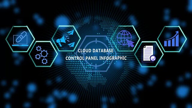 Advanced cloud database control panel infographic featuring interactive hexagonal data global network connectivity, digital business analytics, and futuristic cyber security interface motion