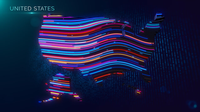 Futuristic United States map featuring glowing country text, colorful neon wave lines, digital particle grid, cinematic depth of field, and modern technology inspired background.