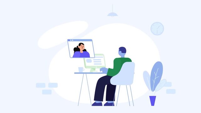 2D animation of a man sitting at desk having an online video call conference on laptop remote communication