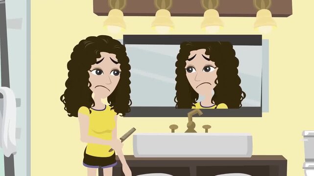 2D animation of a young curly-haired woman standing in a bathroom looking in the mirror morning routine concept