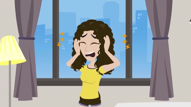 2D animation of a curly-haired woman screaming in frustration and holding her head indoor stress panic concept