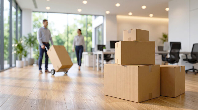 Two people moving cardboard boxes in a bright modern office space during a relocation or moving day setup