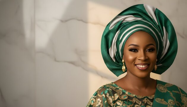 A proud Nigerian woman wearing traditional green and white gele headwrap gracefully smiling for Nigeria Democracy Day celebration concept in luxury studio settings