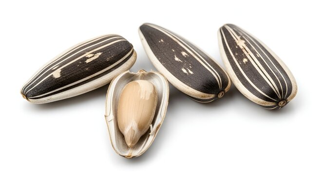Three striped sunflower seeds with one open shell on white background