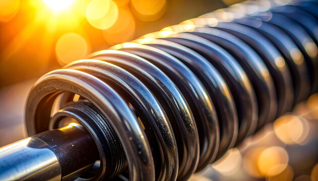 Close up of a heavy duty industrial metal spring with sunlight.