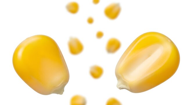 Golden sweet corn kernels falling isolated on white background