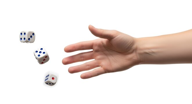 Human hand tossing three dice with blue dots on white