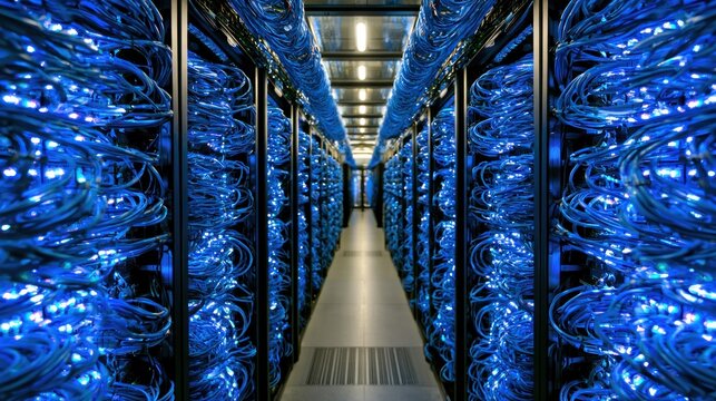 Rows of server racks with blinking blue lights in a data center