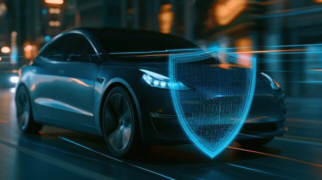 Futuristic electric car with digital shield overlay in urban night setting