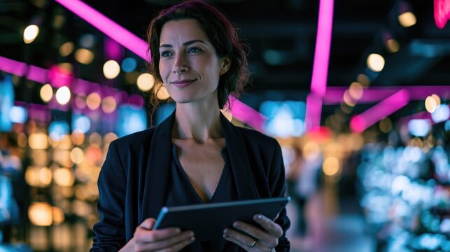 Elegant Woman with Tablet in Neon Retail Setting