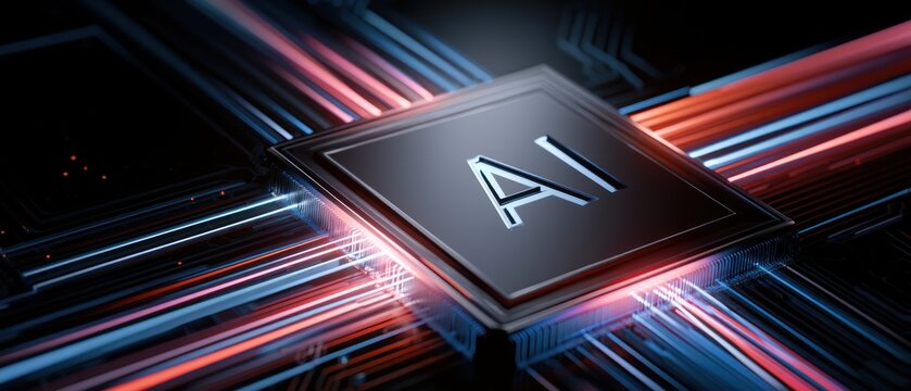 Ai processor chip with glowing circuitry and data streams