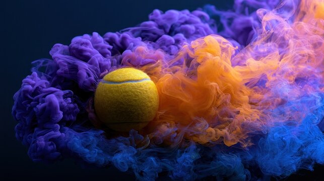 Yellow tennis ball encased in swirling purple and orange smoke sports concept
