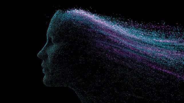 Abstract human head silhouette dissolving into colorful particles on black background