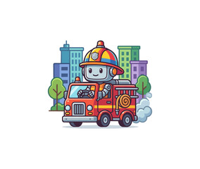 Fototapeta premium Cartoon robot firefighter driving red truck in city