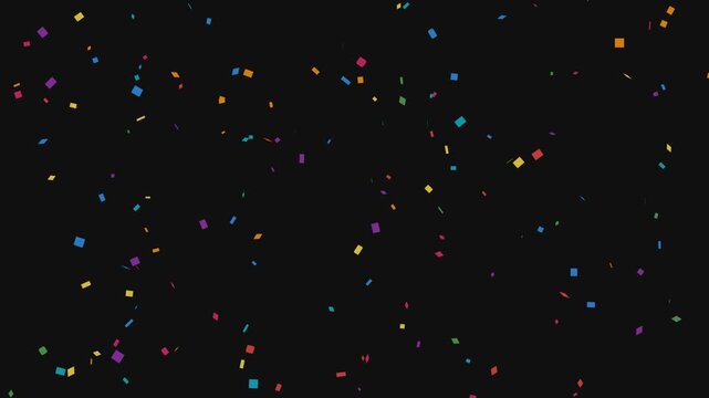 Colorful confetti falling against black background for celebration event and party motion graphics.