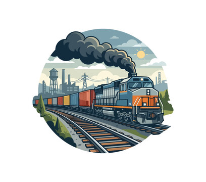 Locomotive engine hauling cargo train on tracks with industrial background smoke from stack