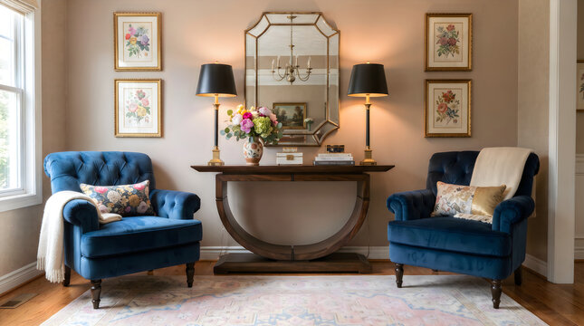 Elegant living room interior with blue velvet armchairs and mirror console table interior lighting