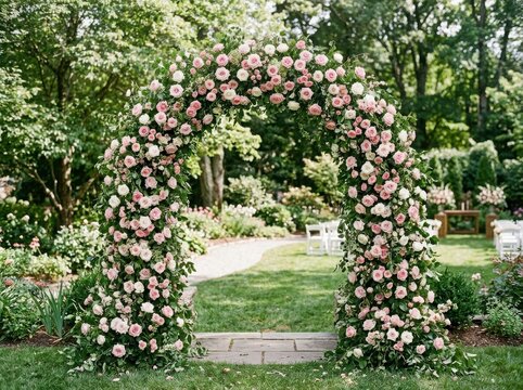 Beautiful floral arch decorated with white and pink flowers standing in a lush green garden during a sunny summer day