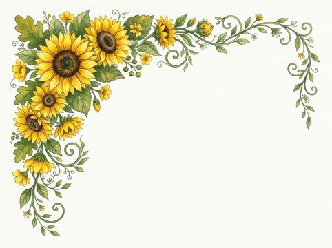 Beautiful decorative corner frame illustration with bright yellow sunflowers and green leaves with elegant swirling floral vines