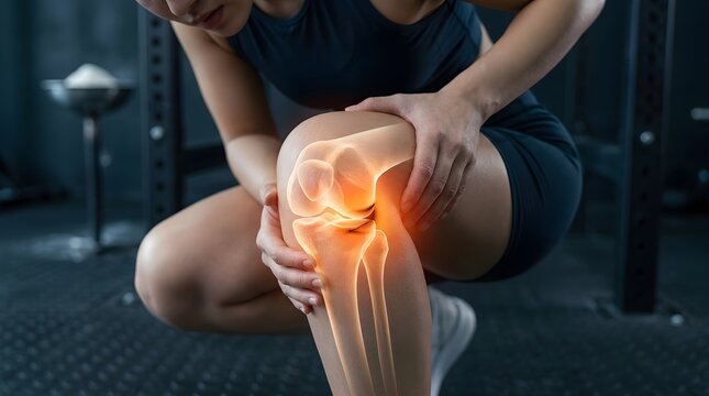 Woman suffering from knee joint pain during workout with glowing x-ray anatomical illustration overlay in gym